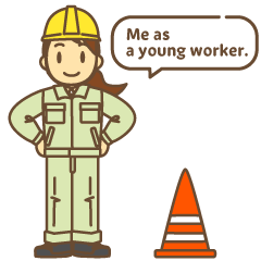 Illustration of a woman in work clothes and helmet. She is saying 'Me as a young worker.'